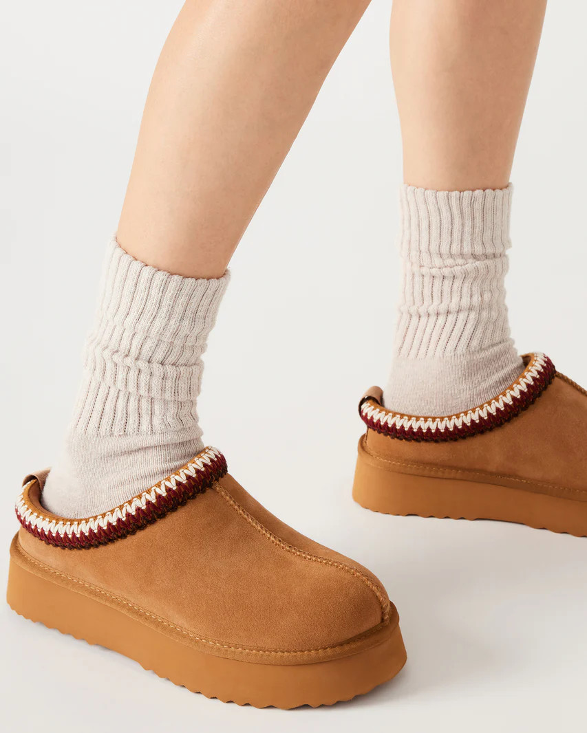 SELENA Cognac Faux Fur Slip-On Mule Flat | Women's Flats | Steve Madden (US)