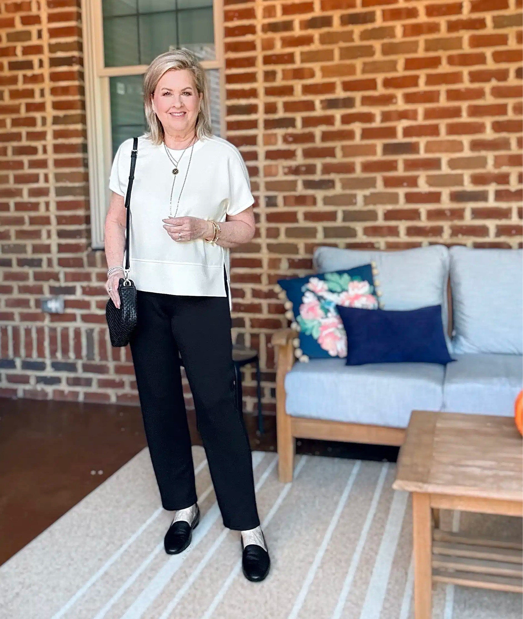 Spanx Air Essentials pieces are great when you’re looking for something casual and comfortable. My white tee is a large and black pants are a medium.
