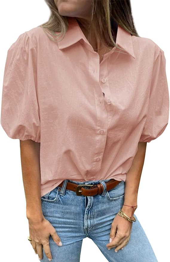 Tankaneo Women's Button Down Shirts Short Puff Sleeve Collared Dressy Casual Blouse Tops | Amazon (US)