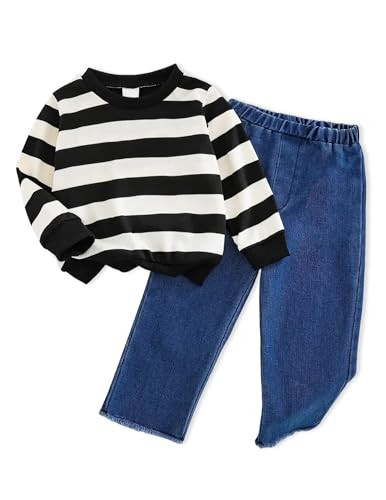 2-3T Girl Clothes Toddler Girl Outfits 2-3Years Old Downtown Mini Femail Clothing Black White Striped Long Sleeve Top Blue Rolled Up Denim Jeans Outfit Fall Winter Overall Set 2Pcs | Amazon (US)