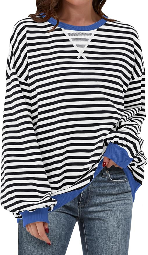 ANRABESS Women Striped Sweatshirt Long Sleeve Shirts Crewneck Oversized Casual Pullover Top 2024 ... | Amazon (US)