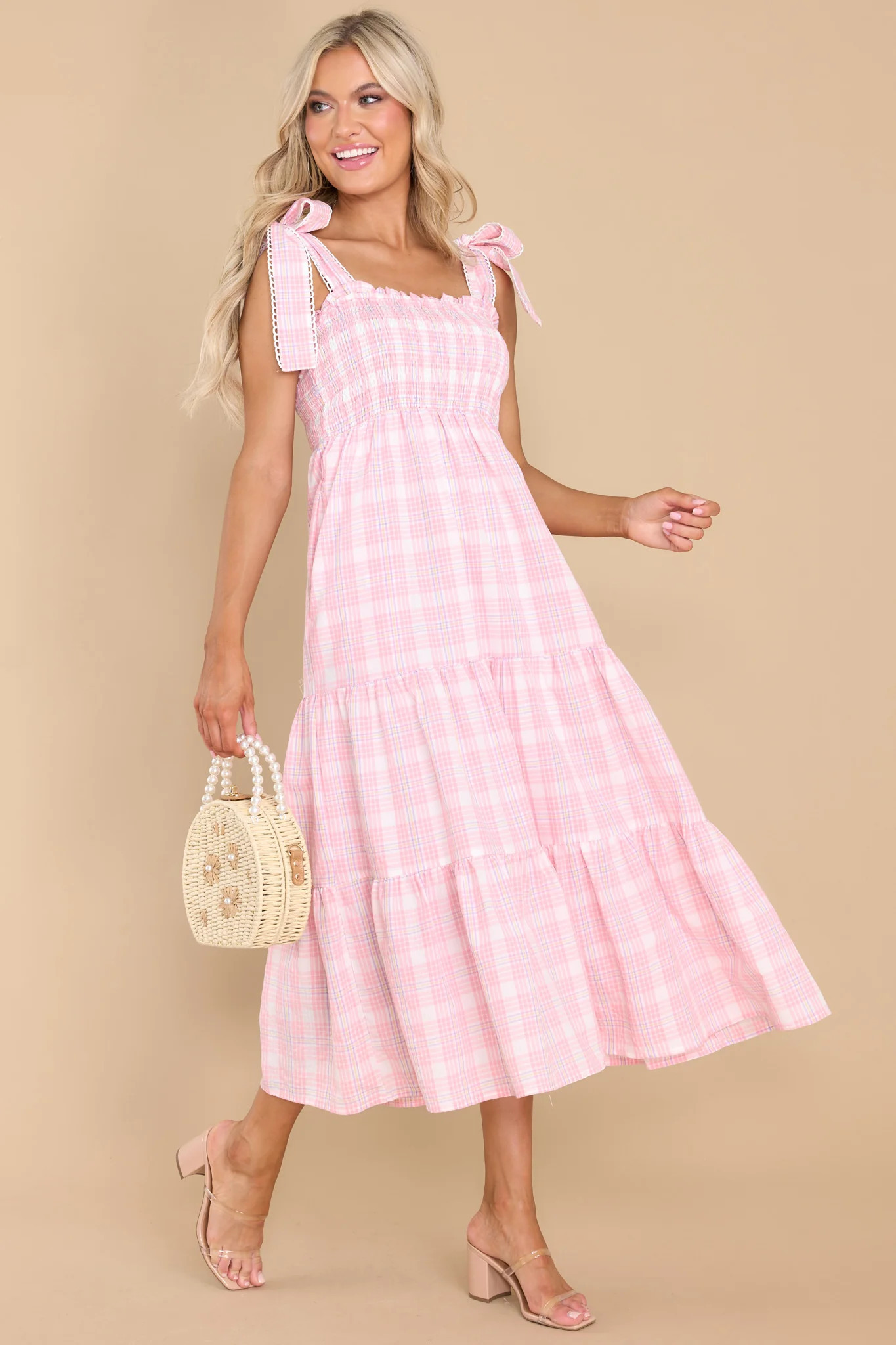 Elegant Darling Pink Gingham Midi  Dress | Red Dress 