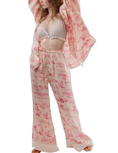 Arssm Women Satin Silk Pajama Set Floral 2 Piece Long Sleeve Pajamas Soft Button Down Pjs Set Sleepwear(Apricot-XL) | Amazon (US)