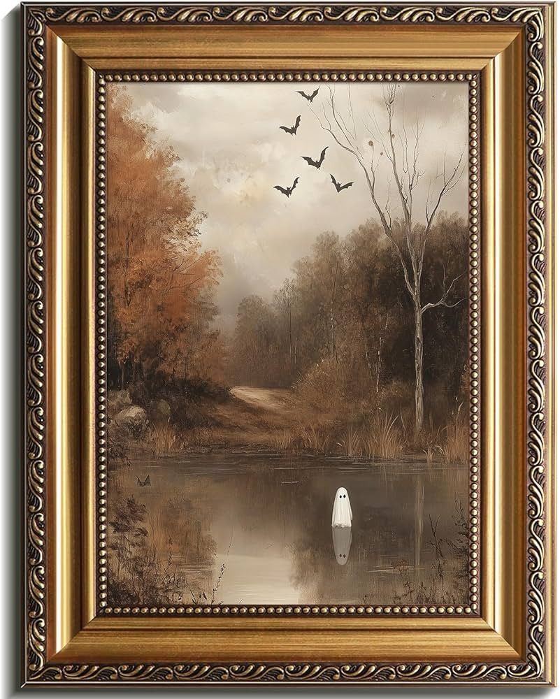 Vintage Gold Framed Halloween Wall Art Cute Ghost in Wildflower Lake Canvas Painting Moody Ghost ... | Amazon (US)