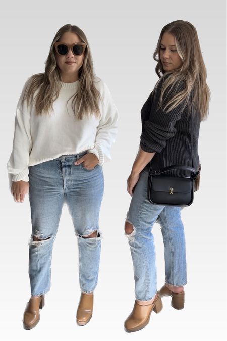 Medium in both sweaters

Agolde jeans true to size- they loosen as you wear. Size up 1 if inbetween 