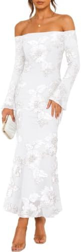 ZESICA Women's Fall Off Shoulder Floral Wedding Guest Maxi Dresses | Amazon (US)
