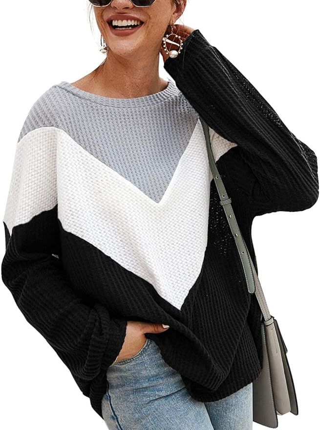 Sedimond Women's Color Block Sweaters Long Sleeve Crewneck Tops Loose Waffle Knit Pullovers | Amazon (US)