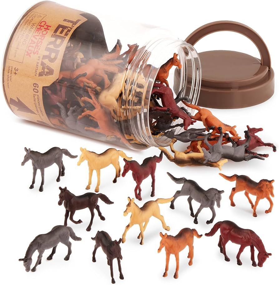 60 plastic horse figurines in a portable tube; realistic poses for play, collecting, dioramas, an... | Amazon (US)