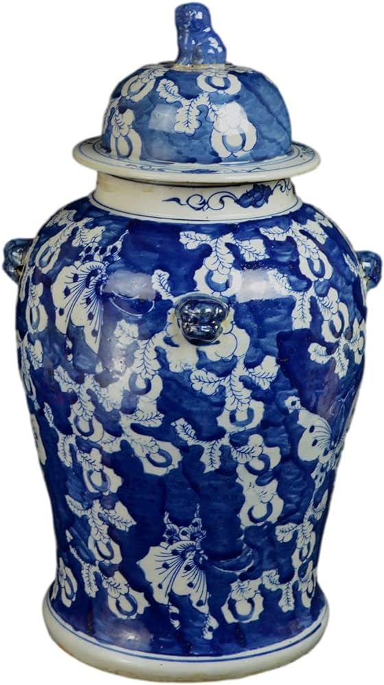 19" Antique Like Finish Retro Blue and White Porcelain Blue Butterfly Temple Ceramic Ginger Jar V... | Amazon (US)