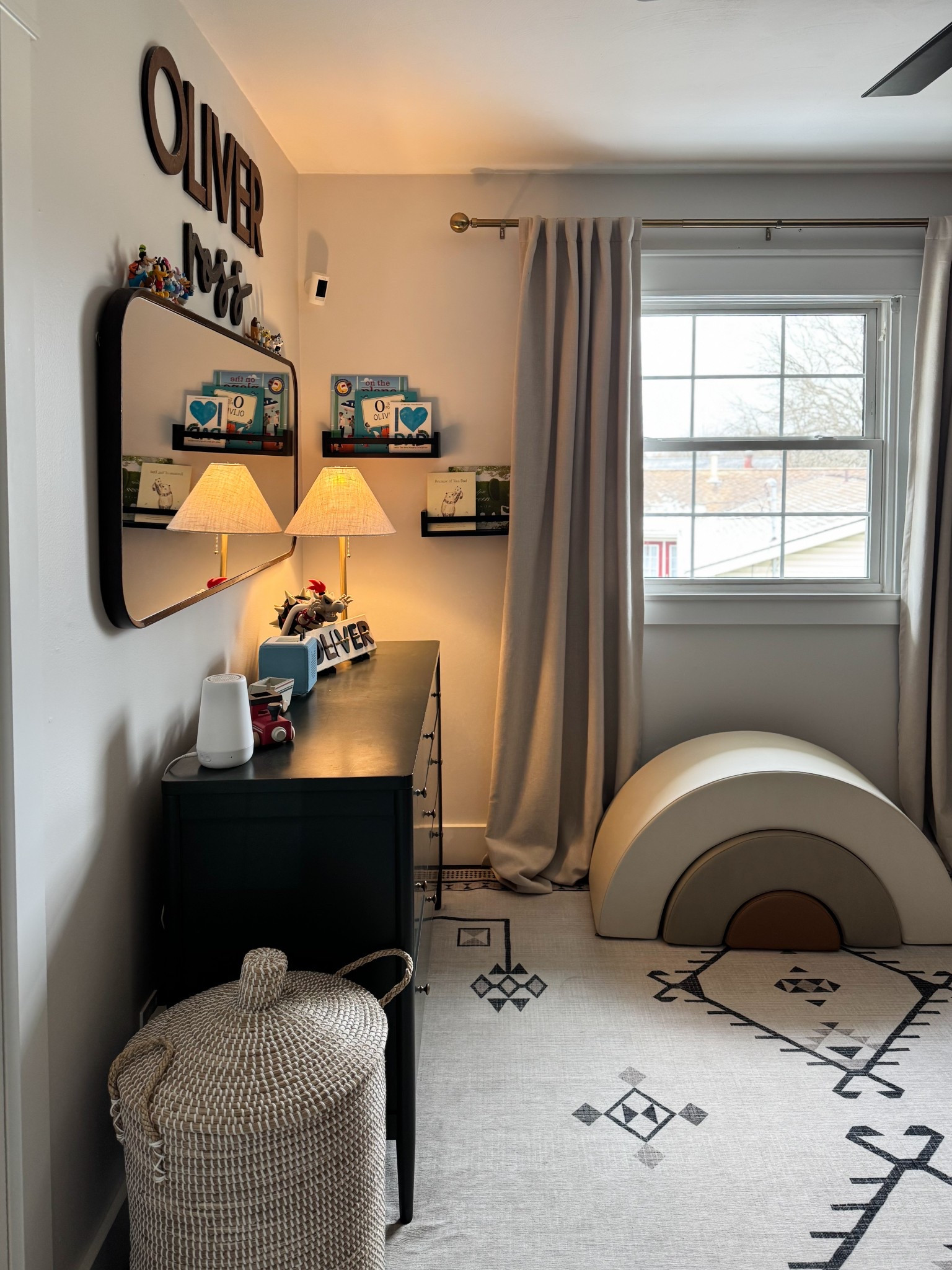 Ollie’s room feeling like a big kids room 🥹🥹 this lamp is so cozy! I also linked the lamp shade we swapped it to. Love the warmth it adds 🤍 

Toddler room, crate and barrel kids, gathre, target home, blackout curtains, toddler puzzles, Tonie box 

#LTKFamily #LTKKids #LTKHome