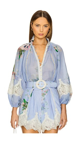 Everley Lace Trim Blouse in Light Blue Watercolour Floral | Revolve Clothing (Global)