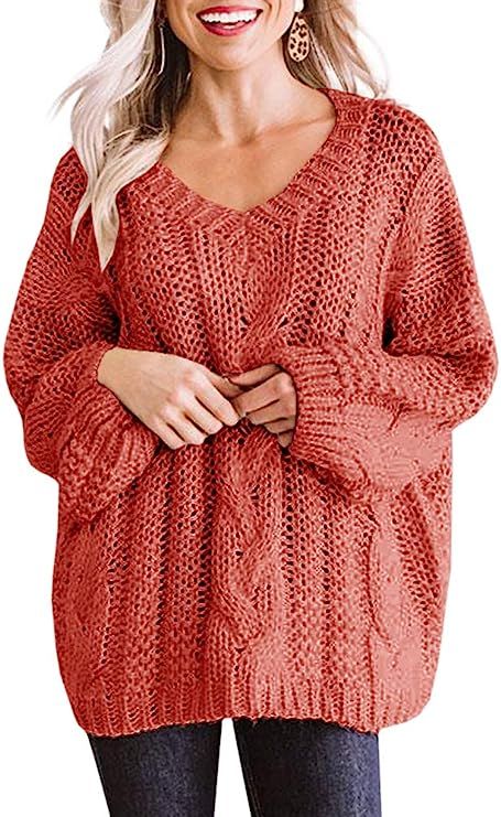 YONYWA Womens Oversized V-Neck Batwing Long Sleeve Loose Fit Chunky Knit Jumper Pullovers Sweater... | Amazon (US)