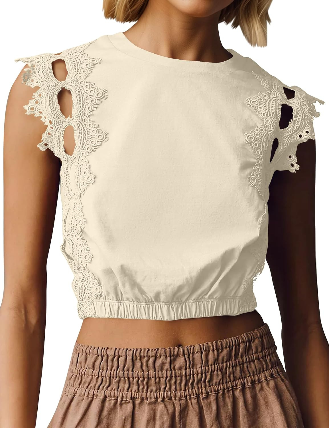 Ythomm Womens Lace Trim Cutout Bubble Tops Crew Neck Eyelet Crop Tank Tops Trendy Hollow Out Boho Summer Sleeveless Tops | Amazon (US)