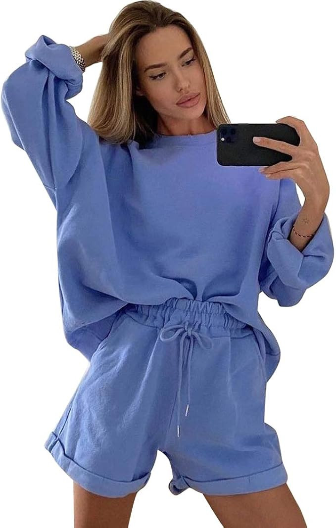 IyMoo Women's 2 Piece Sweatsuit Casual Long Sleeve Pullover Sweater Shorts Sets | Amazon (US)