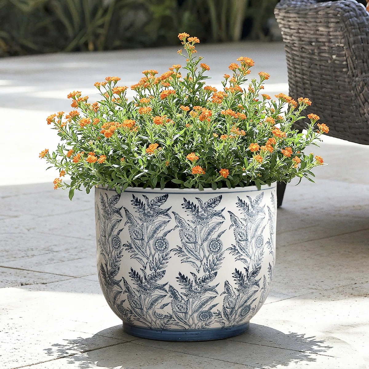 15.6'' Dia Blue and White Round Planter Pot with Floral Pattern, Large Ceramic Pot with Drainage | Wayfair North America