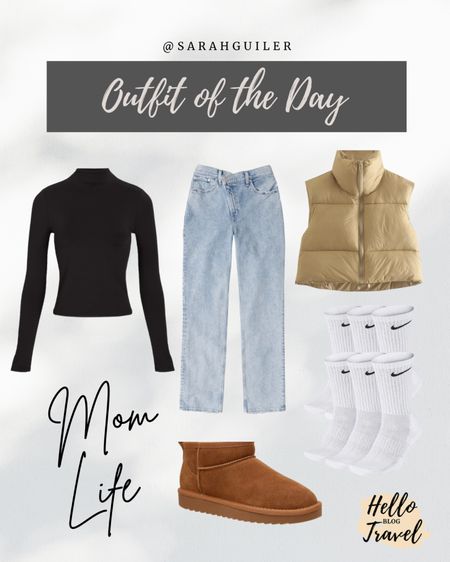Outfit of the day. Daily outfit inspo. Cropped puffer vest. Express body contour top. Abercrombie jeans. High waist jeans. Ultra mini boots. Ugg boots. Outfit idea. Amazon finds. Winter outfit. Weekend style. Casual style. 

#LTKstyletip #LTKSeasonal #LTKFind