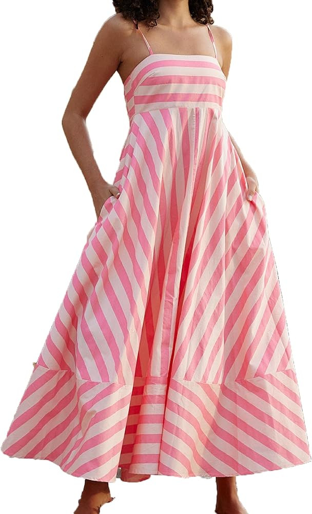 KMBANGI Women Striped Sleeveless Maxi Dress Swing Cutout Midi Dress Backless Smocked Spaghetti St... | Amazon (US)