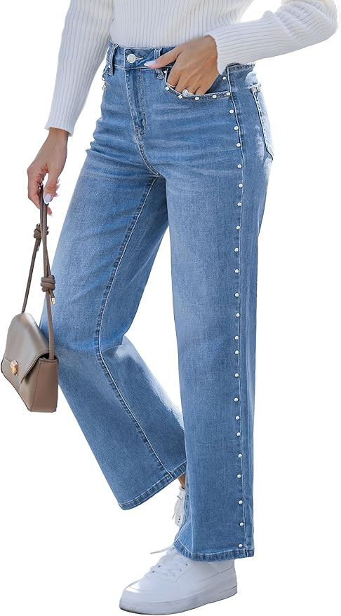 luvamia Women Jeans Wide Leg High Waisted Trendy Side Studded Embellished Distressed Stretchy Den... | Amazon (US)