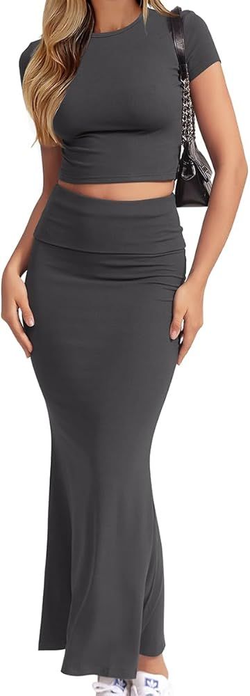 CHYRII Womens Two Piece Sets Short Sleeve Crewneck Cropped Top Bodycon Fold Over Maxi Skirt Maxi ... | Amazon (US)