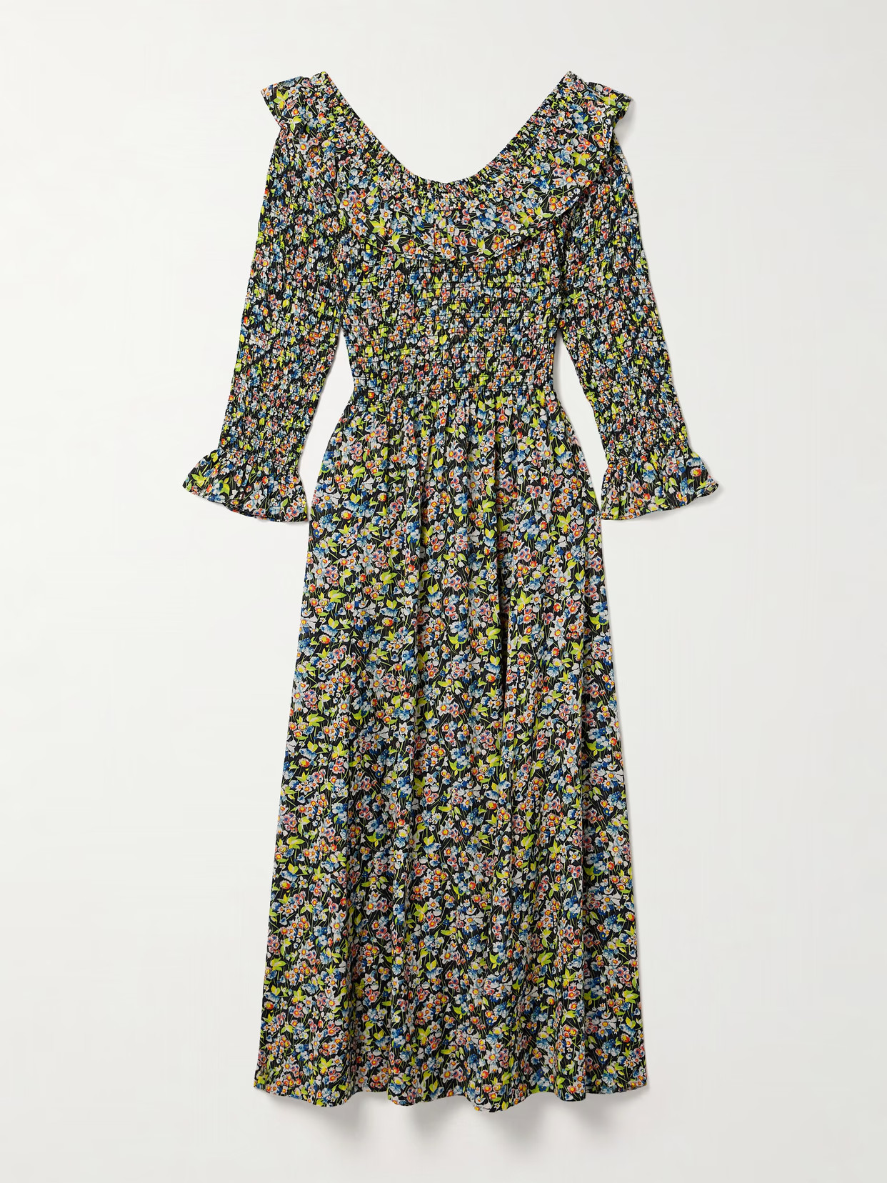 DÔEN - Rosenda Ruffled Shirred Floral-print Organic Cotton-blend Voile Midi Dress - Green | NET-A-PORTER (US)