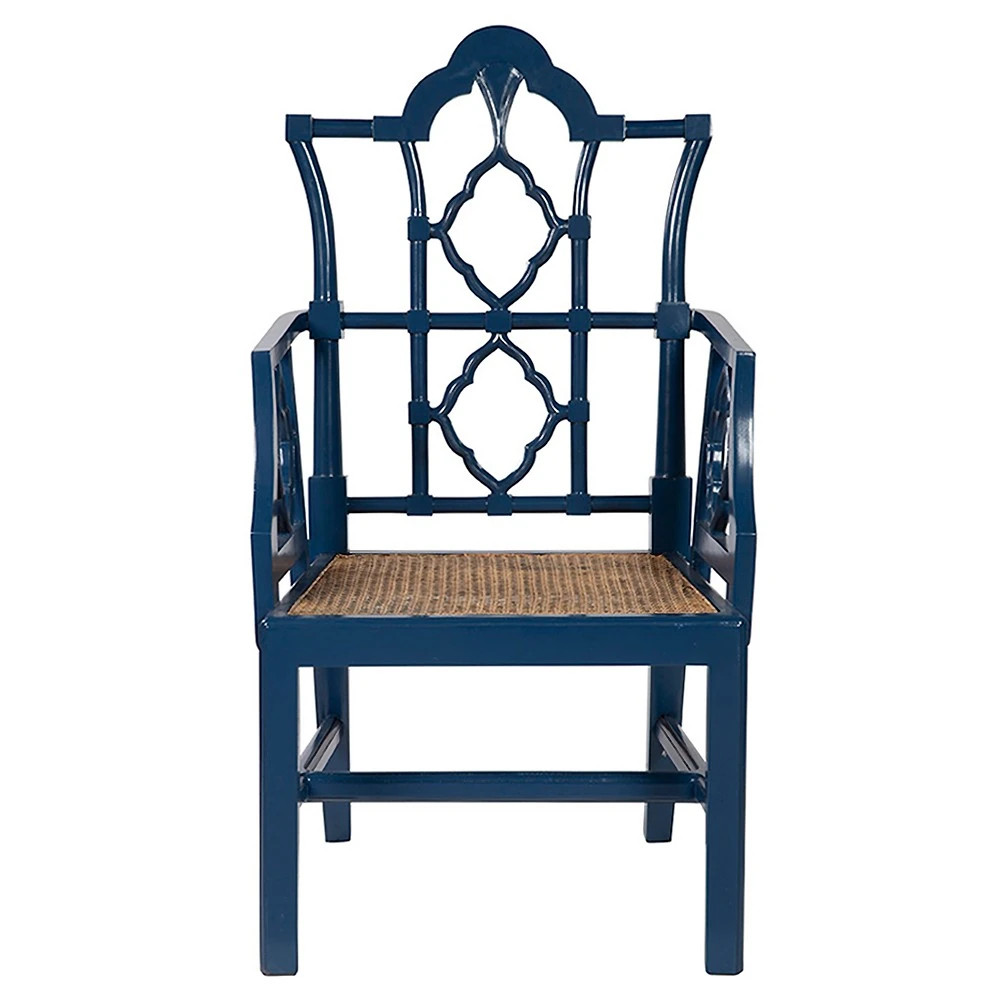Ivy Updated Traditional Blue Wood Cane Dining Arm Chair | Kathy Kuo Home