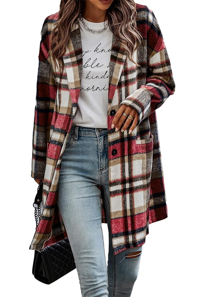 PRETTYGARDEN Women Plaid Shacket Jacket Trendy Fall Casual Button Wool Blend Tartan Trench Coat W... | Amazon (US)