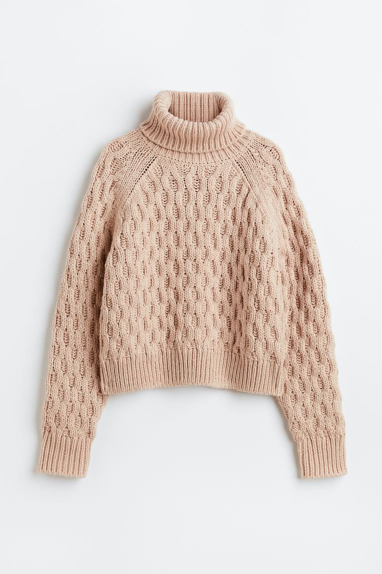Cable-knit Turtleneck Sweater - Light powder pink - Ladies | H&M US | H&M (US + CA)