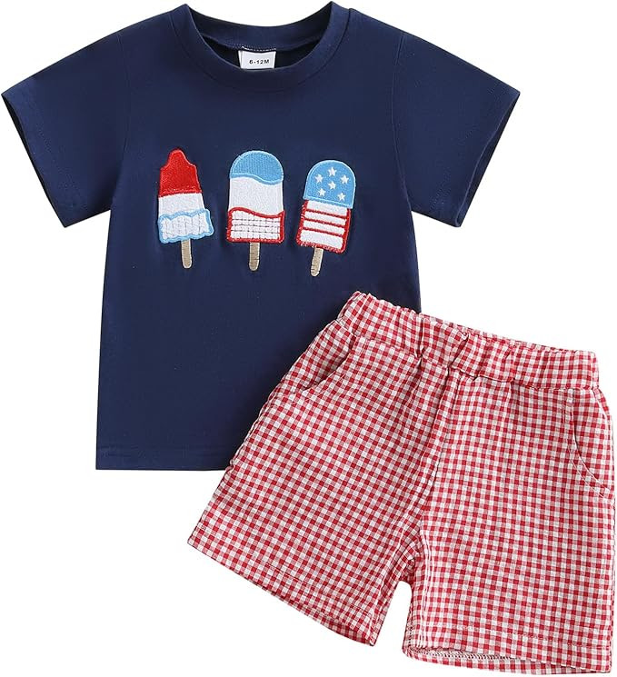 4th Of July Toddler Boy Outfit Popsicle American Flag T-Shirt and Gingham Plaid Shorts Set Indepe... | Amazon (US)