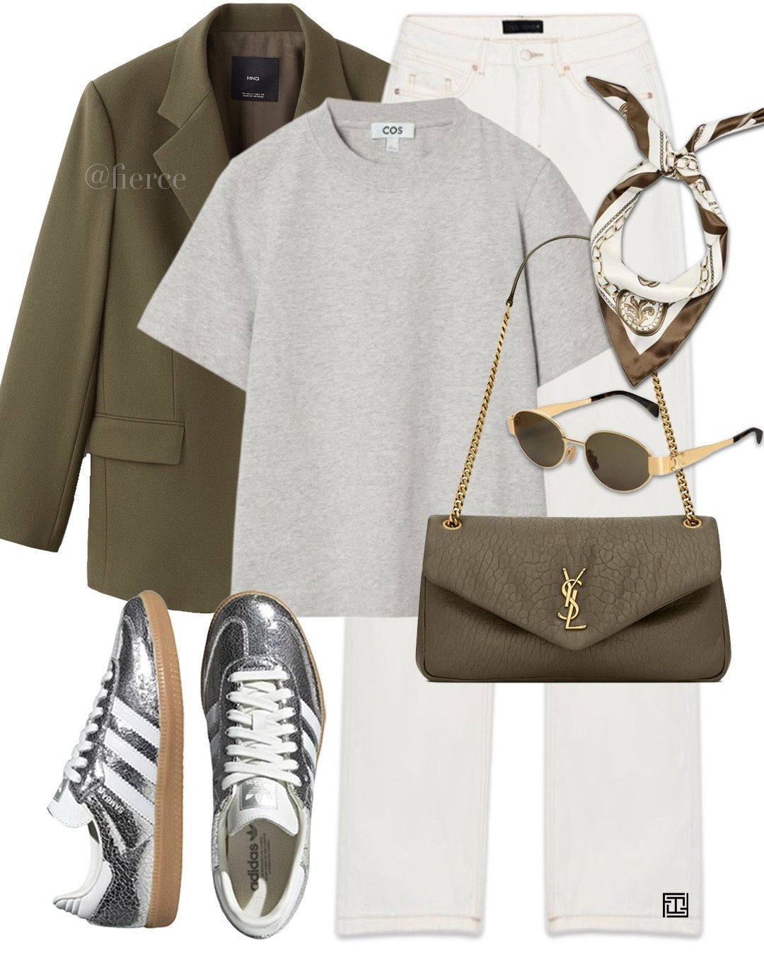White jeans green blazer grey tshirt silver adidas samba silk scarf green Ysl bag casual weekend chic outfit city break 

#LTKeurope #LTKspring #LTKuk