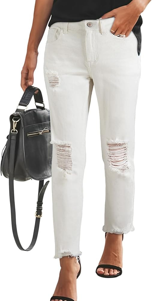 Sidefeel Women's Boyfriend Jeans Stretchy Ripped Distressed Zimbaplatinum Denim Pants Size 4-18 | Amazon (US)