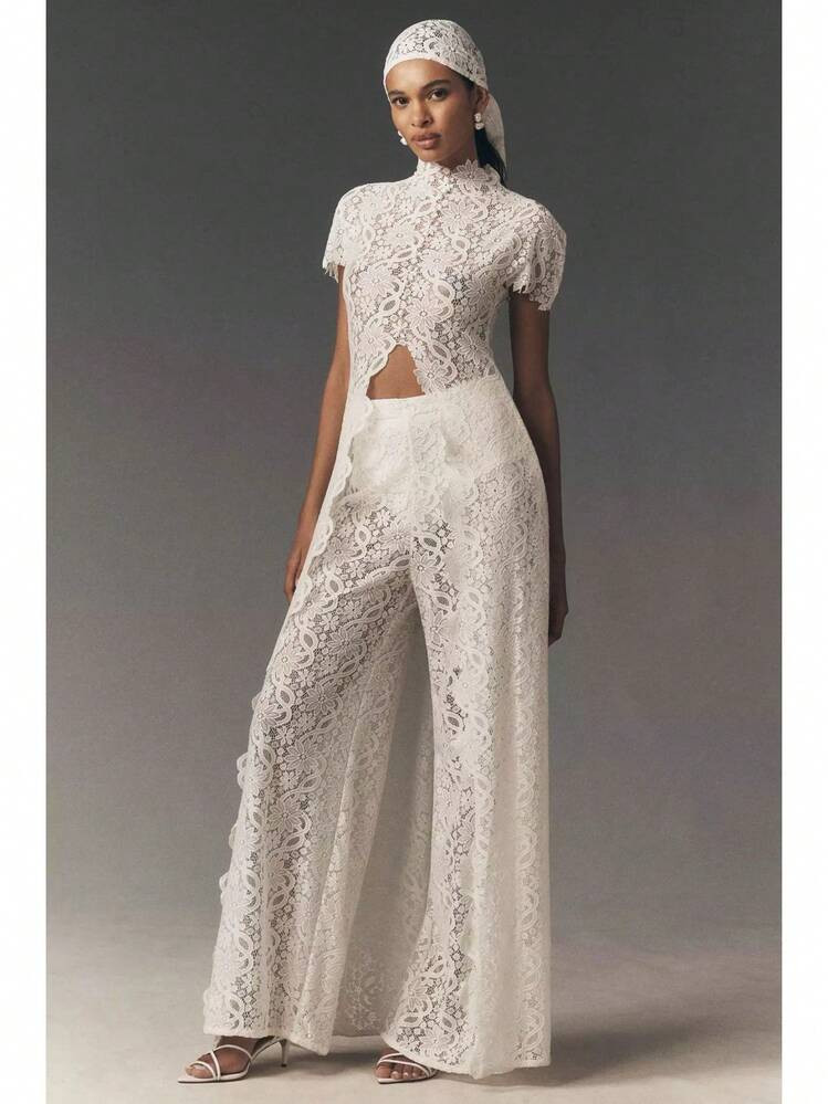 2026 Women's Lace Solid Color Dress With Hollow Out Round Neck, Fashionable Sleeves, And Front Slit | SHEIN