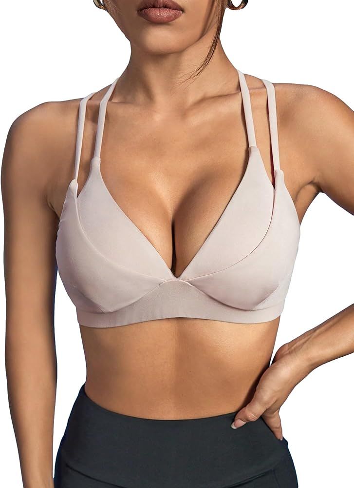 SweatyRocks Women's Criss Cross Backless Active Wear V Neck Seamless Medium Support Sports Bra | Amazon (US)