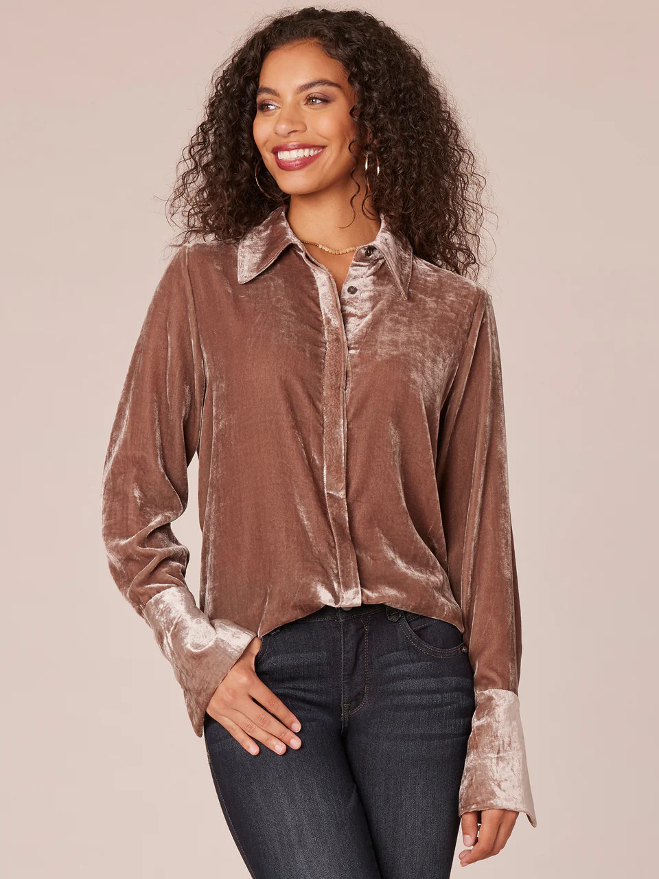 Long French Cuff Sleeve Button Down Velvet Petite Woven Shirt | Democracy Clothing