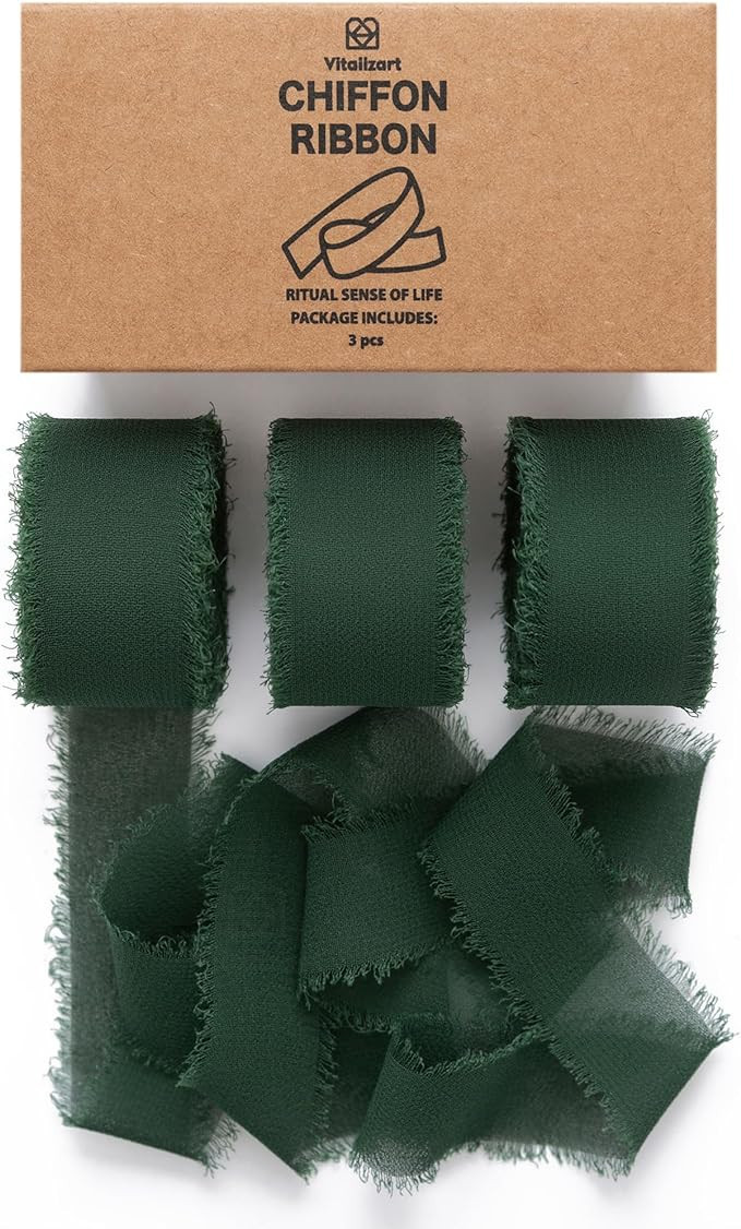 Vitalizart Dark Green Chiffon Silk Ribbon 1" x 21Yd Fringe Fabric Eco-Friendly Package (3 Rolls *... | Amazon (US)