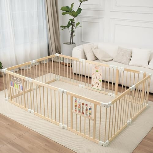 Ulnxiy Foldable Wooden Baby Playpen Activity Center,Adjustable Size & Shape Portable Play Yard, Baby Fence Play Area with Gate for Indoor Use for Babies and Toddlers(84x56x24inches) | Amazon (US)