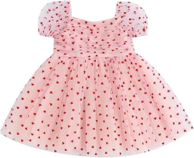 Sister Matching Clothes Baby Girls Valentines Day Romper Dress Heart Print Puff Sleeve Tulle Dres... | Amazon (US)