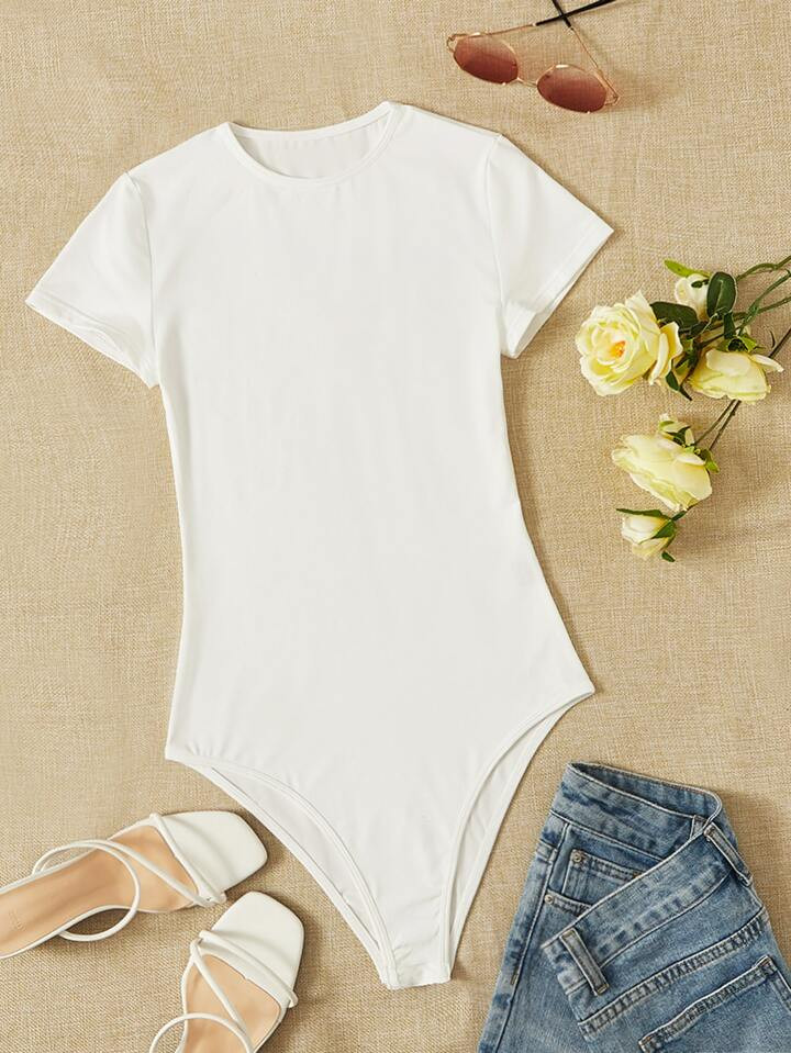 SHEIN Tall Solid Slim Fit Semi-sheer Bodysuit | SHEIN