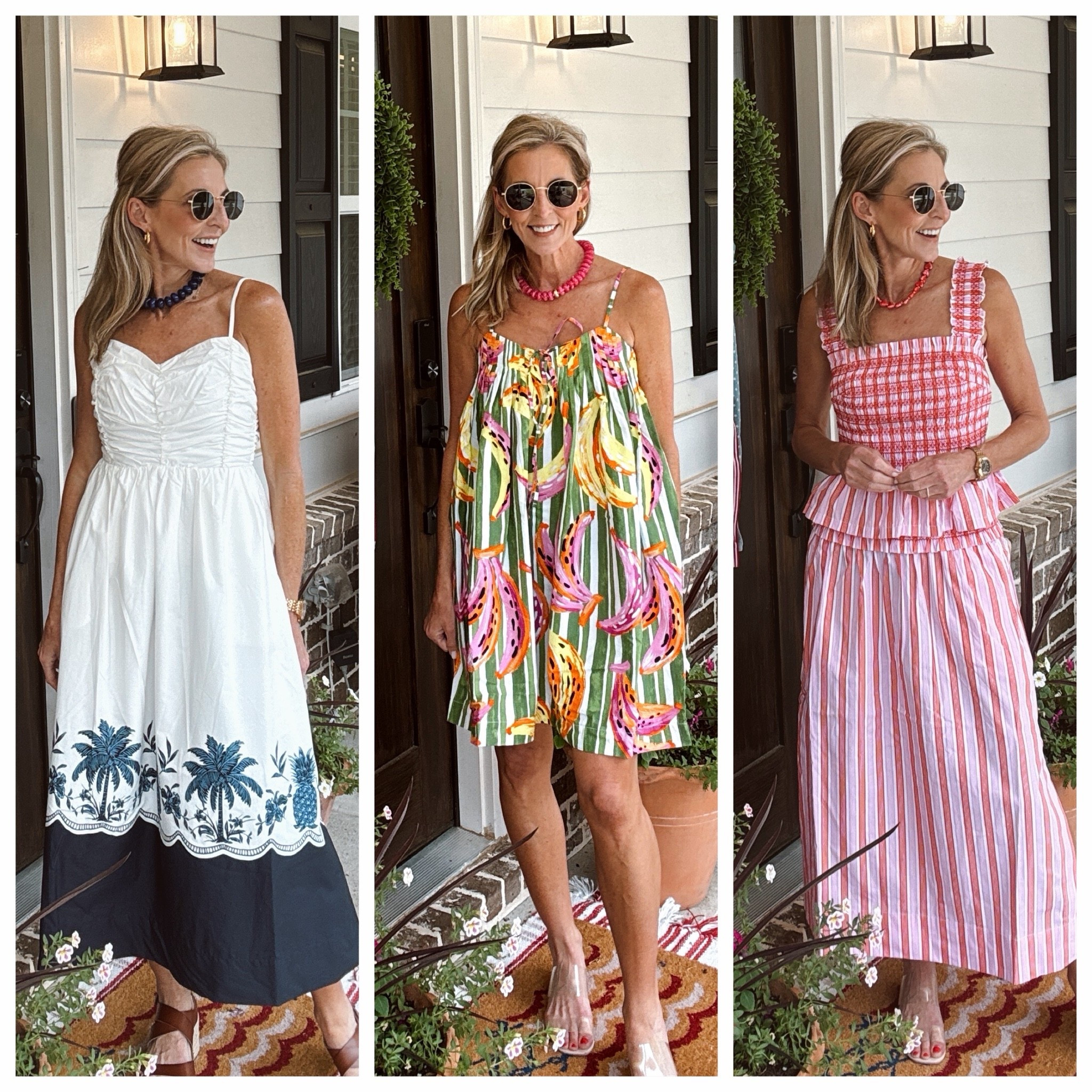 Anthro, Tuckernuck, or Walmart … I will let the under $40  price tag tell you! Comment Walmart for all links and more! 

Walmart really came to say, “Don’t count us out.” These dresses look like they belong in an Anthropologie fitting room, but every single one is Walmart and under $40. The palm print maxi is giving coastal vacation.The colorful fruit dress is giving summer resort. And that striped set? It looks way more expensive than it is.