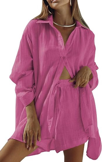 Fixmatti Women 2 Piece Outfits Long Sleeve Button Down Blouse and Shorts Sweatsuit Sets | Amazon (US)