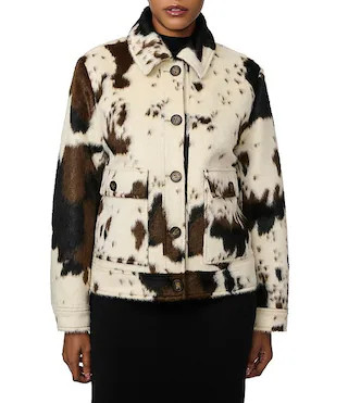 Bernardo Faux Hair Cow Print Point Collar Button Front Jacket | Dillard's | Dillard's