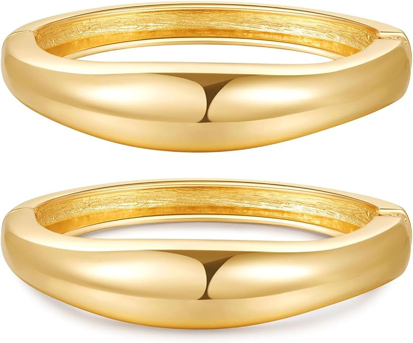 2pcs Gold Bangle Bracelets for Women, Trendy Hinged Cuff Open Wide Chunky Gold Bracelet Stack Arm... | Amazon (US)