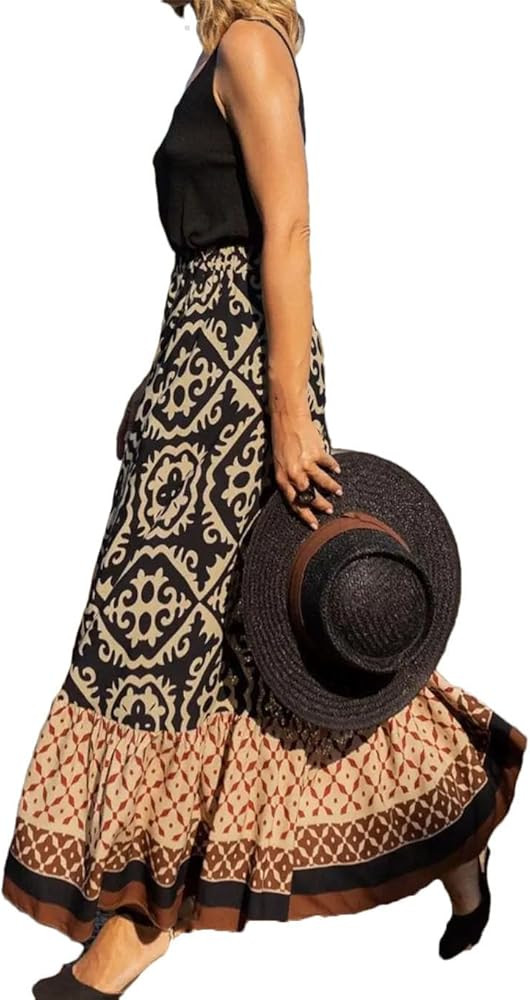 Boho Floral Print Skirts Women Summer High Waist A-Line Pleated Long Skirts Casual Holiday Beach ... | Amazon (US)