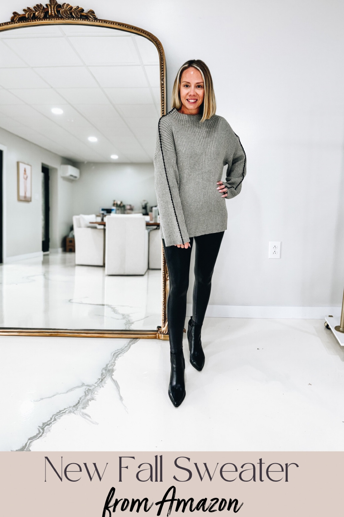 Sweater weather is here. Loving this mock turtleneck tunic sweater that’s perfect for date night when paired with faux leather leggings and booties. 
Amazon fashion
Fashionably late mom 

