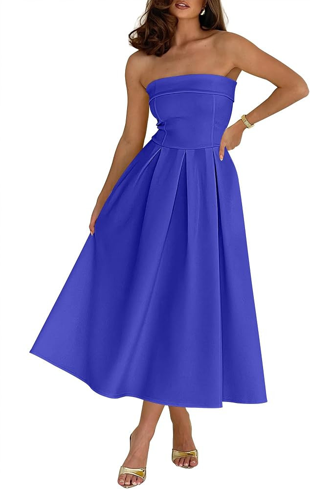 Caracilia Women\u2019s Strapless Semi Formal Midi Dress Summer Tube Top Pleated Flowy Spring Wedd... | Amazon (US)