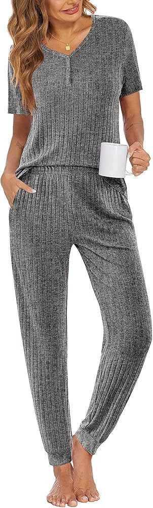 Ekouaer Pajama Sets for Womens Rib Knit Lounge Set Jogger Pants Short Sleeve Sleepwear 2 Piece Ou... | Amazon (US)
