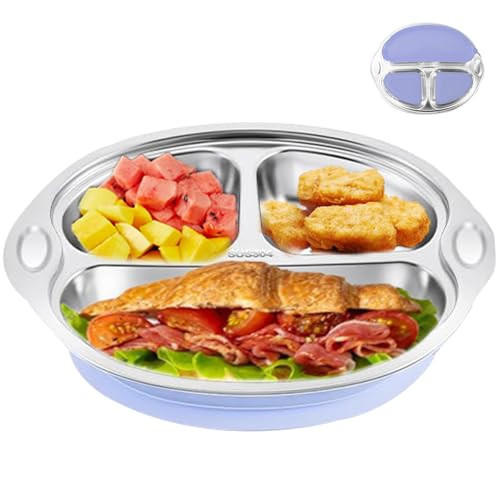 Stainless Steel Suction Plates for Toddler Babies, Divided Baby Plates, Toddler Feeding Supplies, Dishwasher Safe (Blue) | Amazon (US)