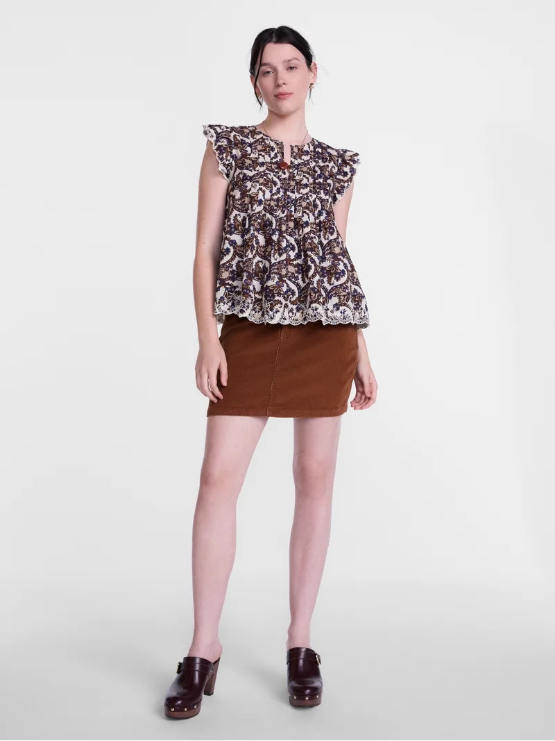 Scenario Women's and Women's Plus Short Sleeve Pleated Embroidered Printed Top, Sizes XS-4X | Walmart (US)