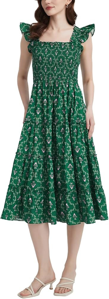 Women's Floral Smocked Midi Dress Square Neck Ruffle Strap Sleeveless Flowy A-Line Long Beach Sun... | Amazon (US)