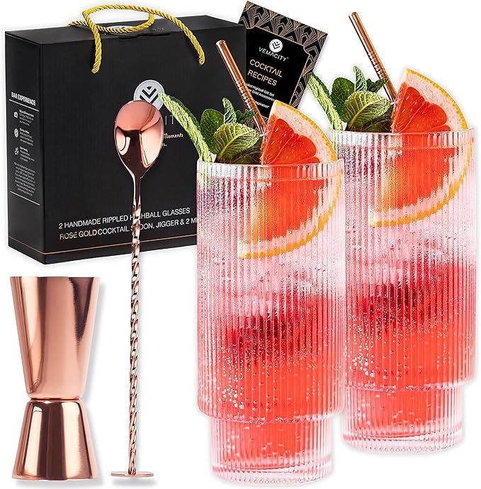 Highball Gin Glasses Set W/Rose Gold Cocktail Accessories| 2 Ripple Cocktail Glasses, 2 x Metal S... | Amazon (UK)