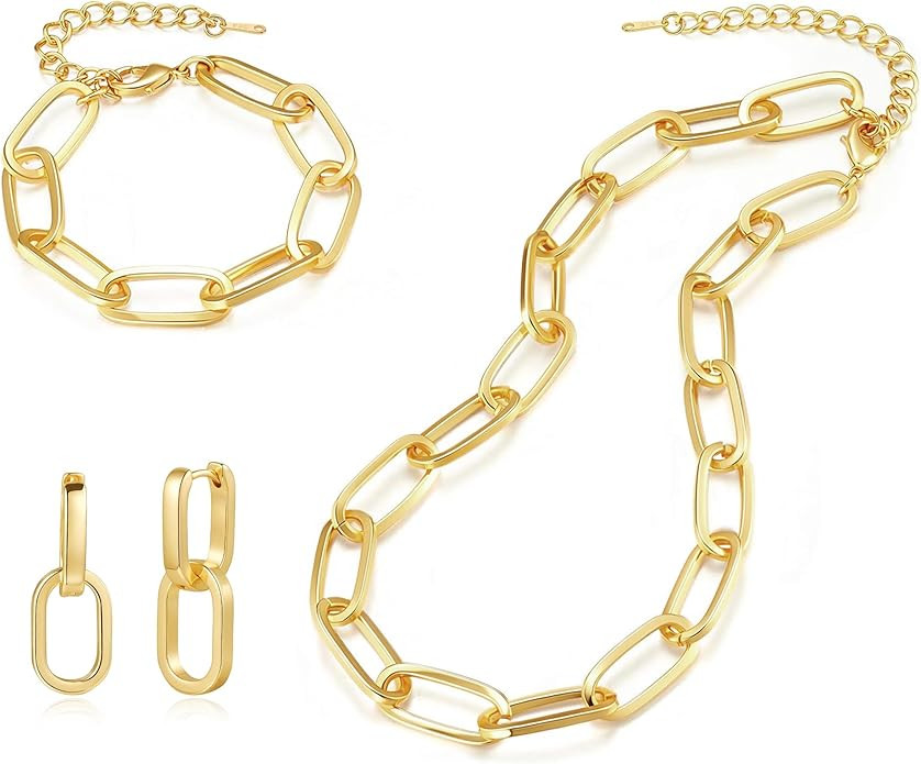 Gold Chain Necklace Bracelet and Earrings for Women Silver Chunky Jewelry Set, 14K Gold Plated La... | Amazon (US)